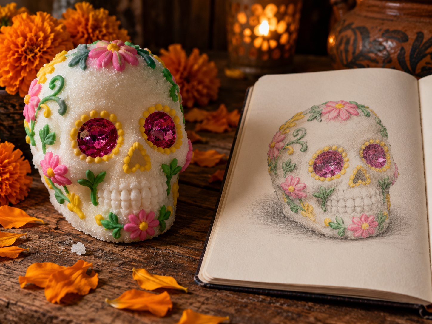 Illustration: Decorated sugar skull with colored icing flowers and foil eyes and a blank forehead on a wooden table with marigold petals, beside a sketchbook with a pencil and color study of it