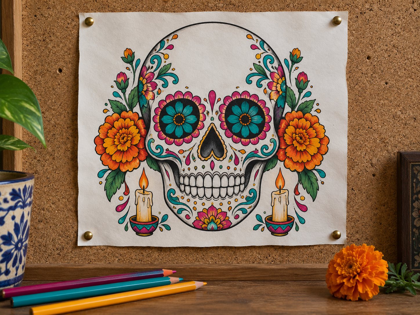 Illustration: Tattoo flash sheet pinned to a corkboard showing a sugar skull with marigolds, candles and dotted floral ornament in several colors, with colored pencils and a marigold below