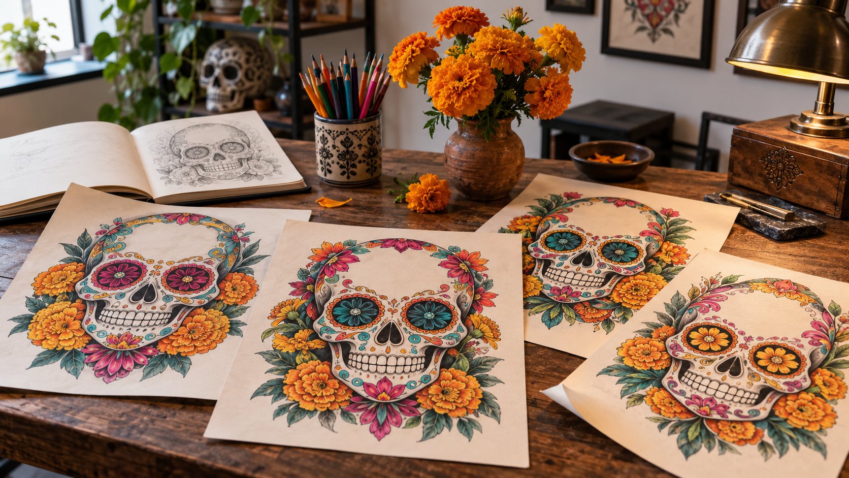 Illustration: Tattoo studio drawing table with flash sheets of colorful sugar skull designs framed by orange marigolds, an open sketchbook, colored pencils and a small vase of real marigolds