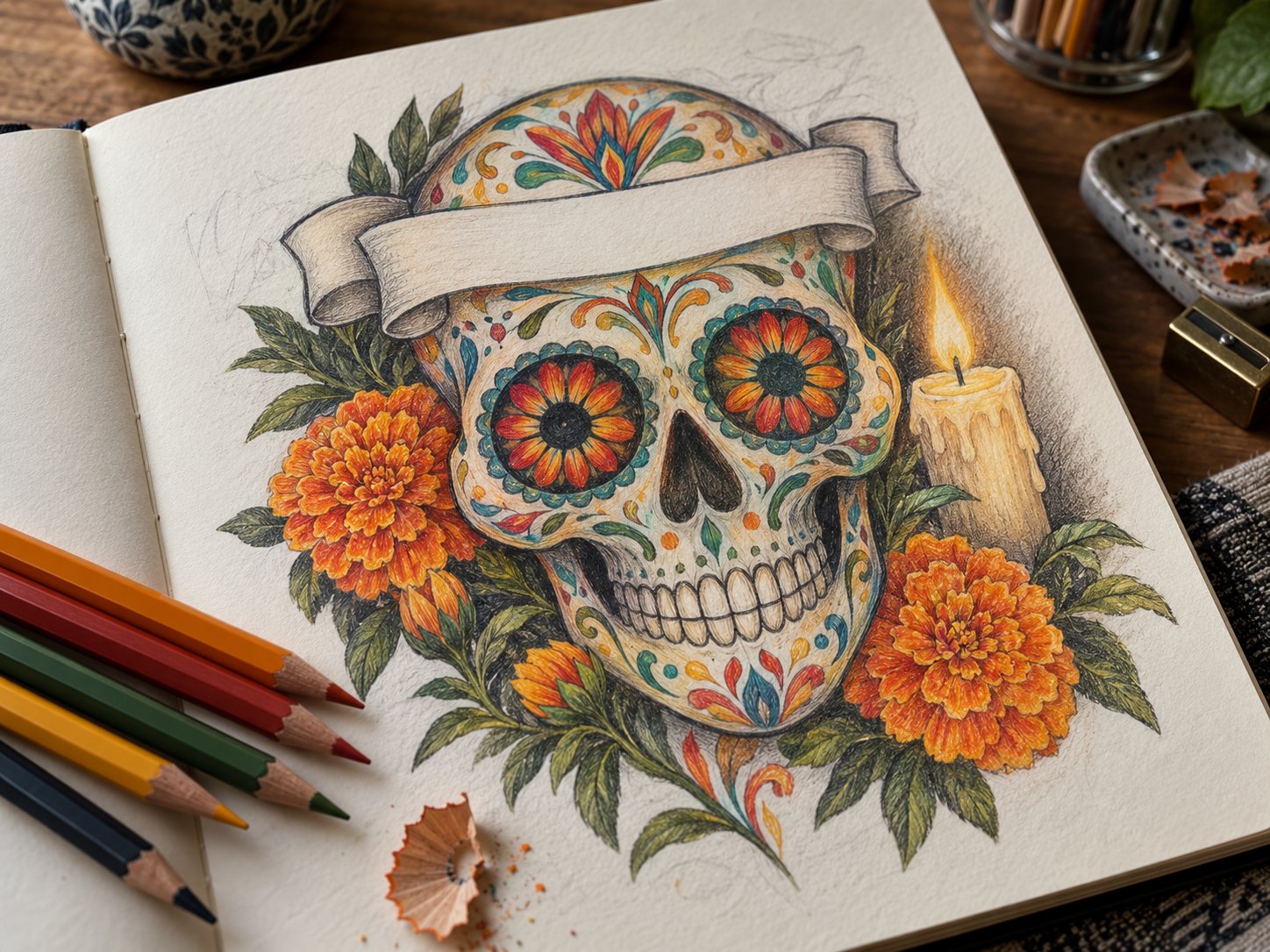 Illustration: Sketchbook page with a colored memorial sugar skull tattoo design surrounded by marigolds and a lit candle motif, with an empty ribbon banner across the forehead