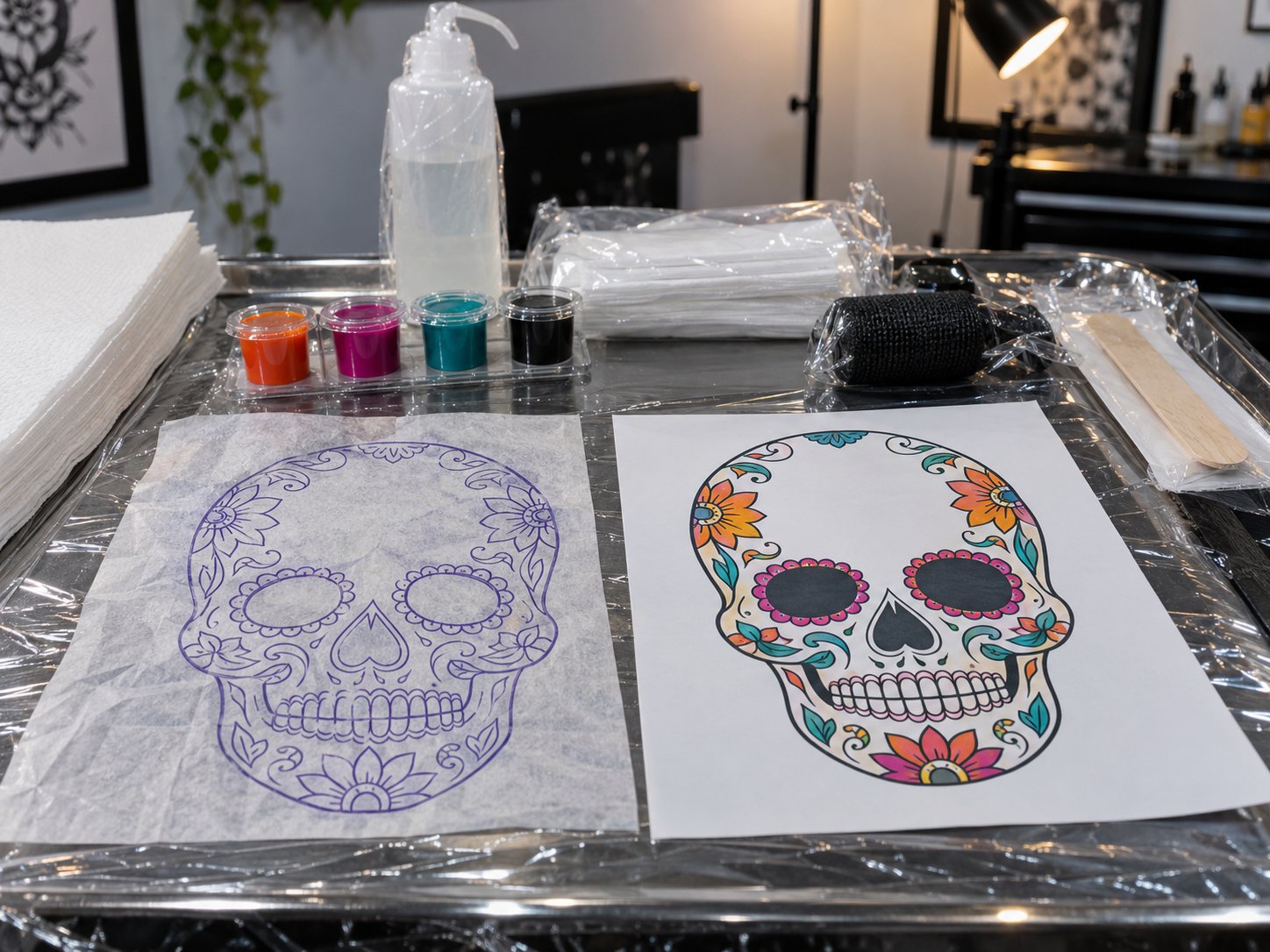 Illustration: Clean tattoo station with a purple transfer stencil of a sugar skull outline, sealed ink caps in a row, wrapped supplies and the finished color design on paper beside it