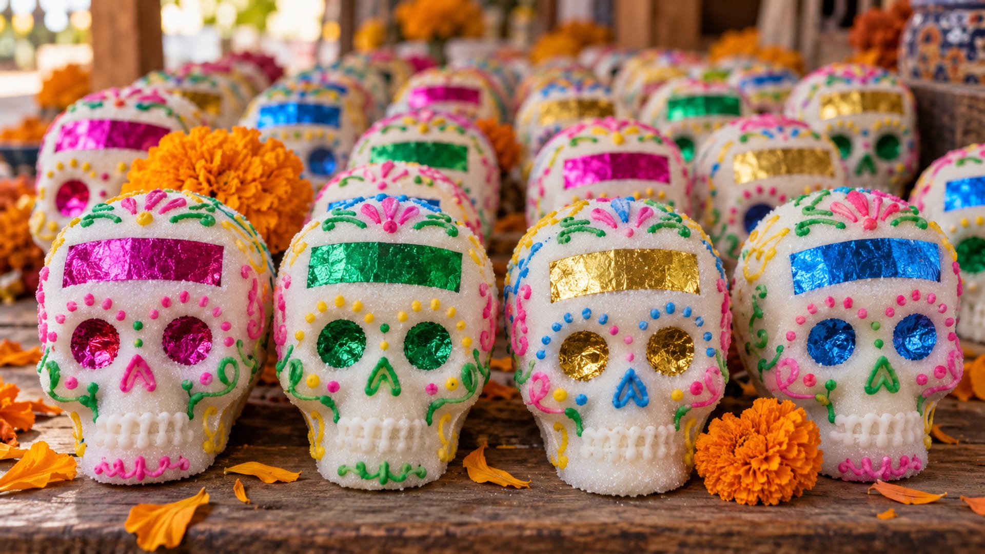 Illustration: Rows of white sugar skulls with pink, green, yellow and blue icing, colored foil eyes and a blank foil band on each forehead on a market table
