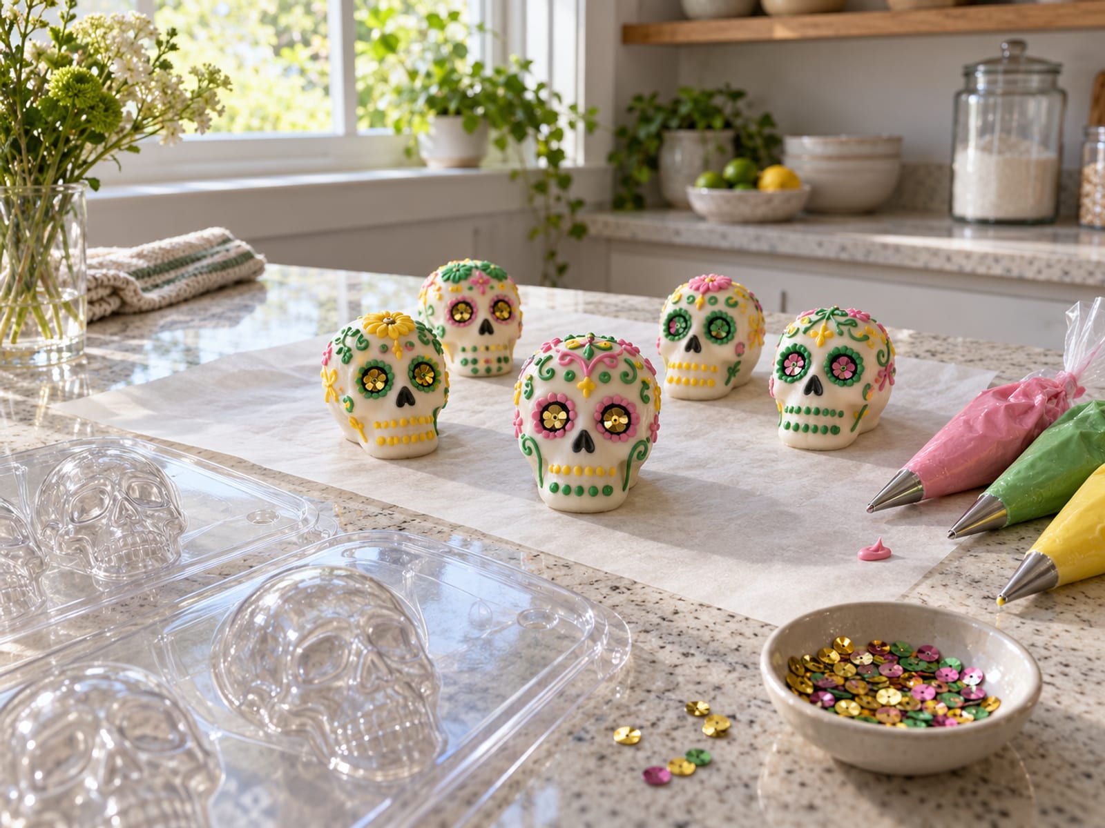 Illustration: Kitchen counter with plastic skull molds, piping bags of colored royal icing, a dish of sequins and finished sugar skulls drying on parchment
