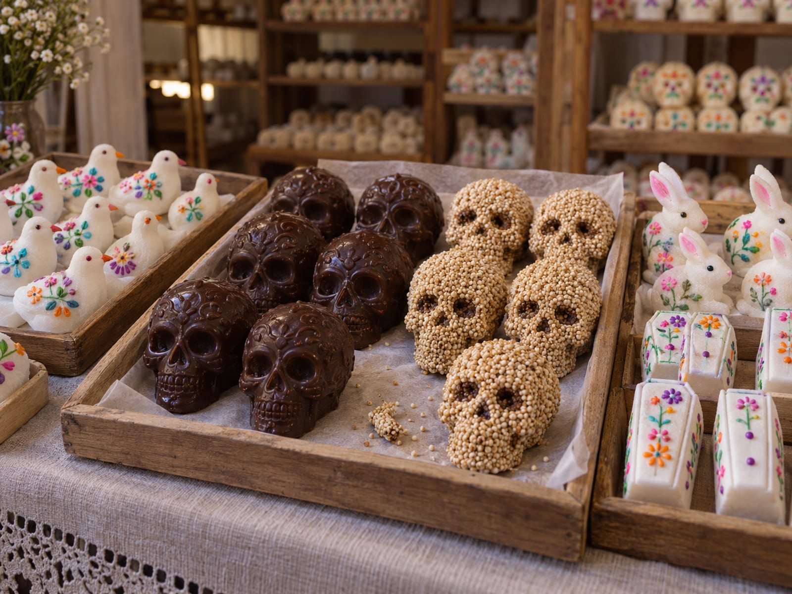 Illustration: Sweets stall with chocolate skulls, amaranth skulls and small alfeñique sugar figures of animals and coffins on paper lined trays