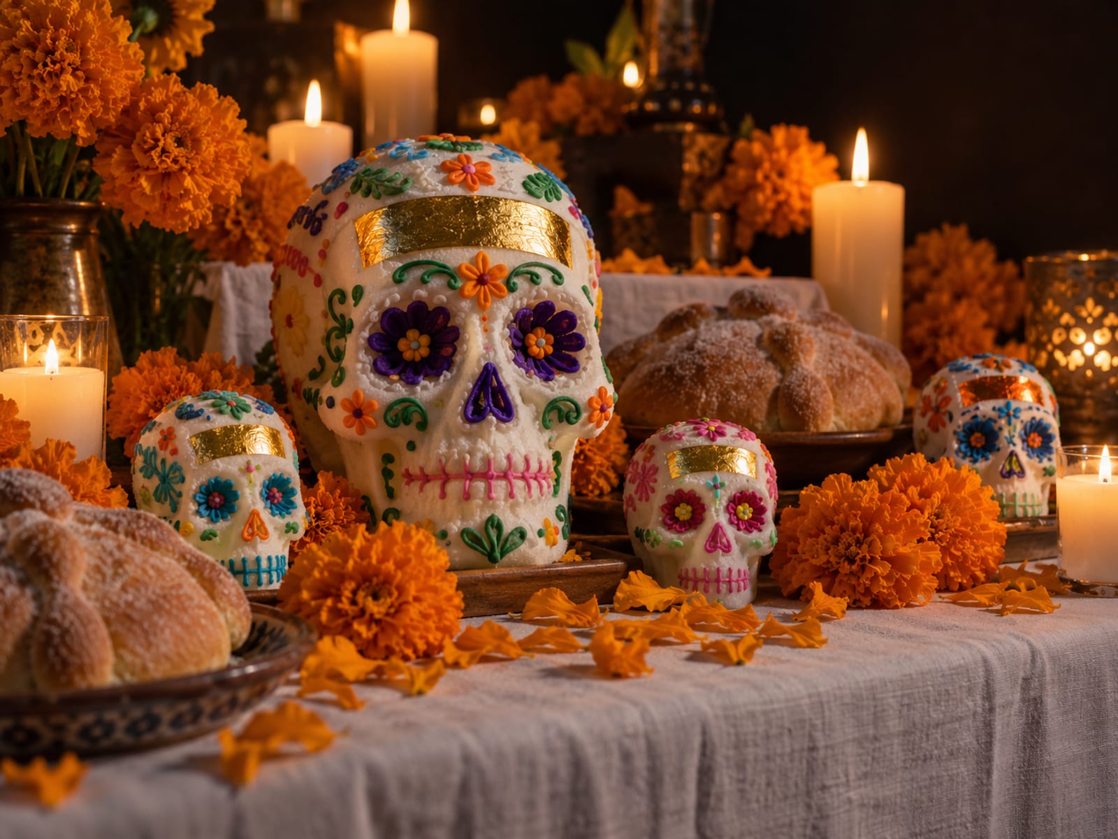 Illustration: Decorated sugar skulls of several sizes on an altar tier among marigolds, candles and pan de muerto, each with a blank foil band on the forehead