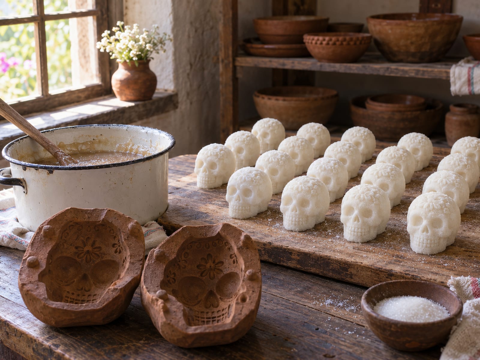 Illustration: Workshop table with two part clay skull molds, a pot of cooked sugar and rows of plain white undecorated sugar skulls drying on a board