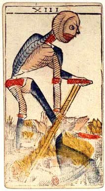 An old hand-colored tarot card numbered XIII at the top, showing a bent skeleton swinging a scythe over a field with scattered bones, and no title printed at the bottom