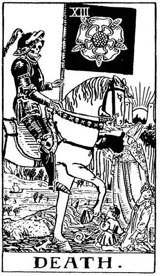 Black and white line drawing of the Death card: a skeleton in armor on a horse beneath a banner with a rose, with figures before it and a rising sun behind, and the word Death printed below