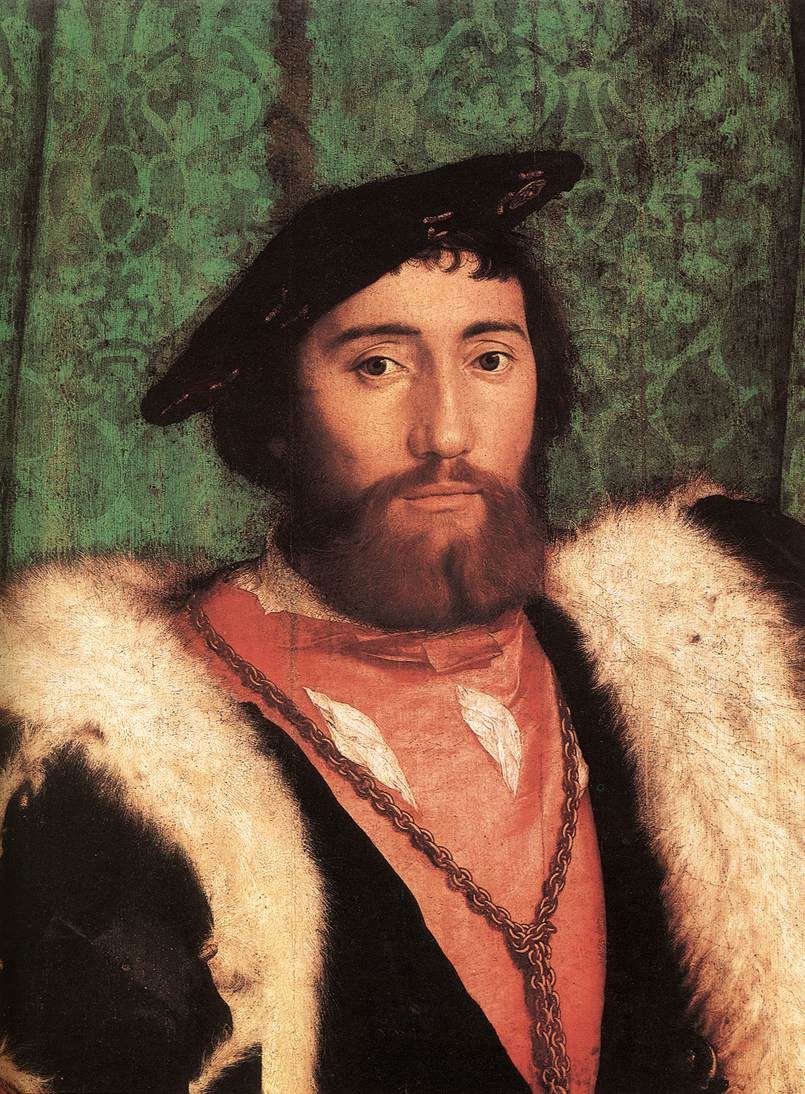 Detail of The Ambassadors showing the left-hand sitter in a black cap and a heavy fur-trimmed coat over a pink doublet, with a chain across his chest, against green damask