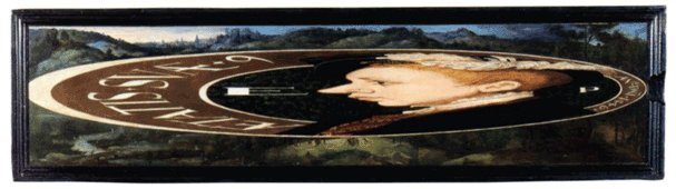 A very long, narrow framed panel holding a hugely stretched portrait of a boy in profile inside an oval, with a landscape behind and lettering around the oval