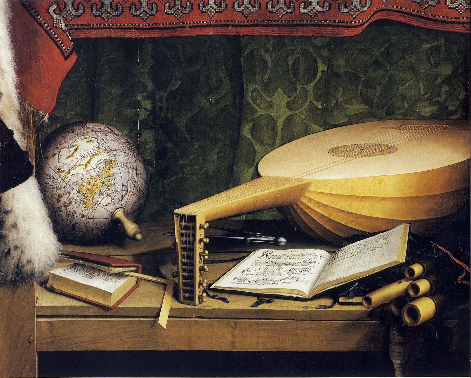 Detail of the lower shelf in The Ambassadors: a celestial globe, a lute, an open book of music and a case of flutes on a wooden table before a green curtain