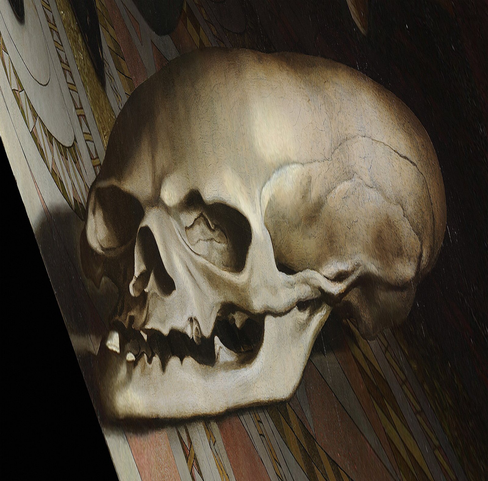 The anamorphic skull from The Ambassadors with the stretching corrected: a pale human skull with a cracked brow and visible teeth against dark tones, with a black wedge at its left edge