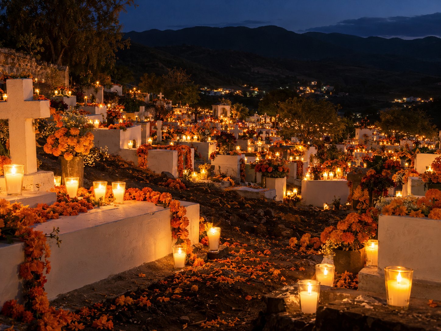 Illustration: Village cemetery at night glowing with hundreds of candles and marigold garlands on plain graves beneath dark hills