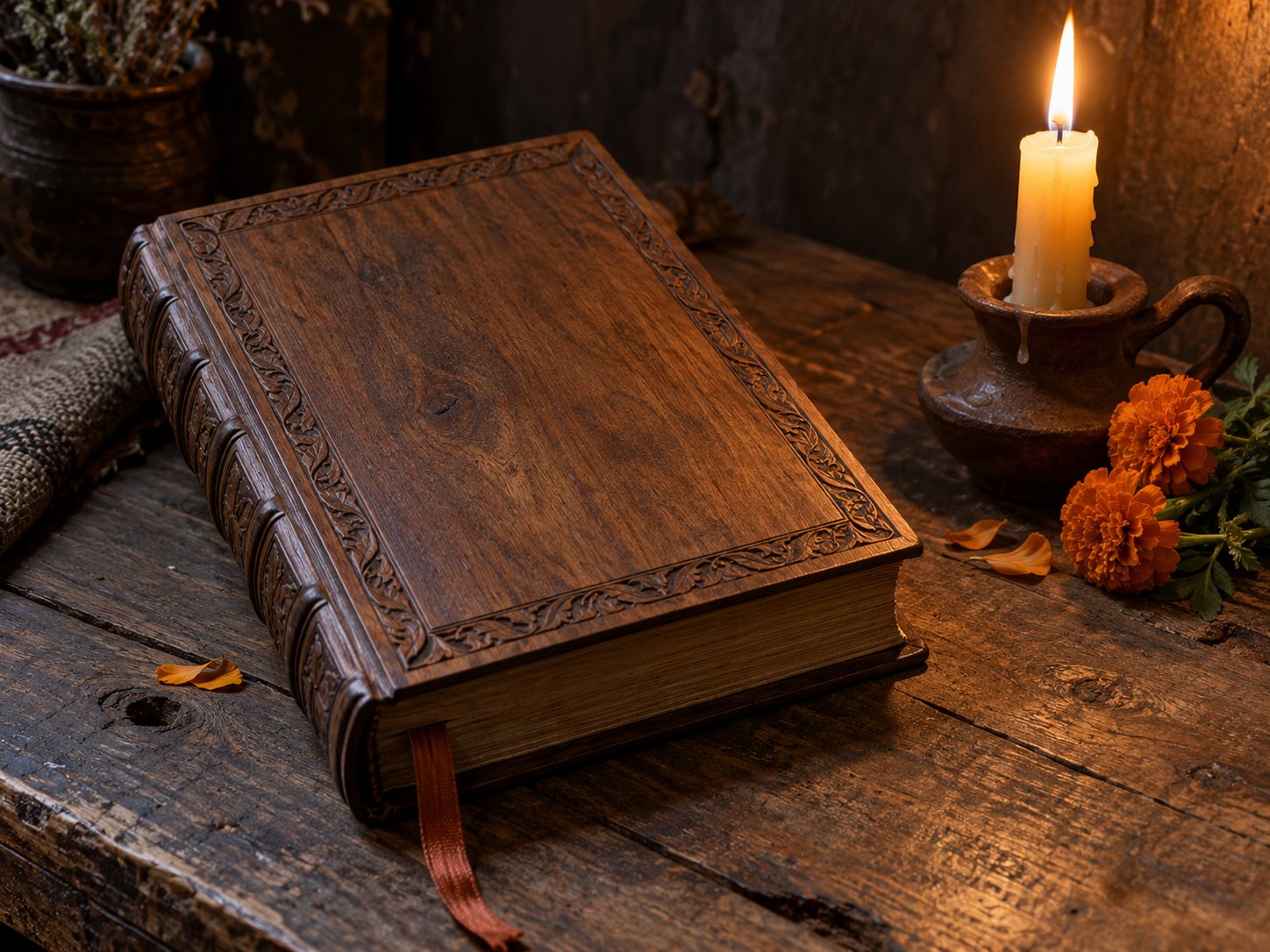 Illustration: Closed hand-carved wooden book with a blank cover and ribbon marker beside a candle and marigolds on a wooden table
