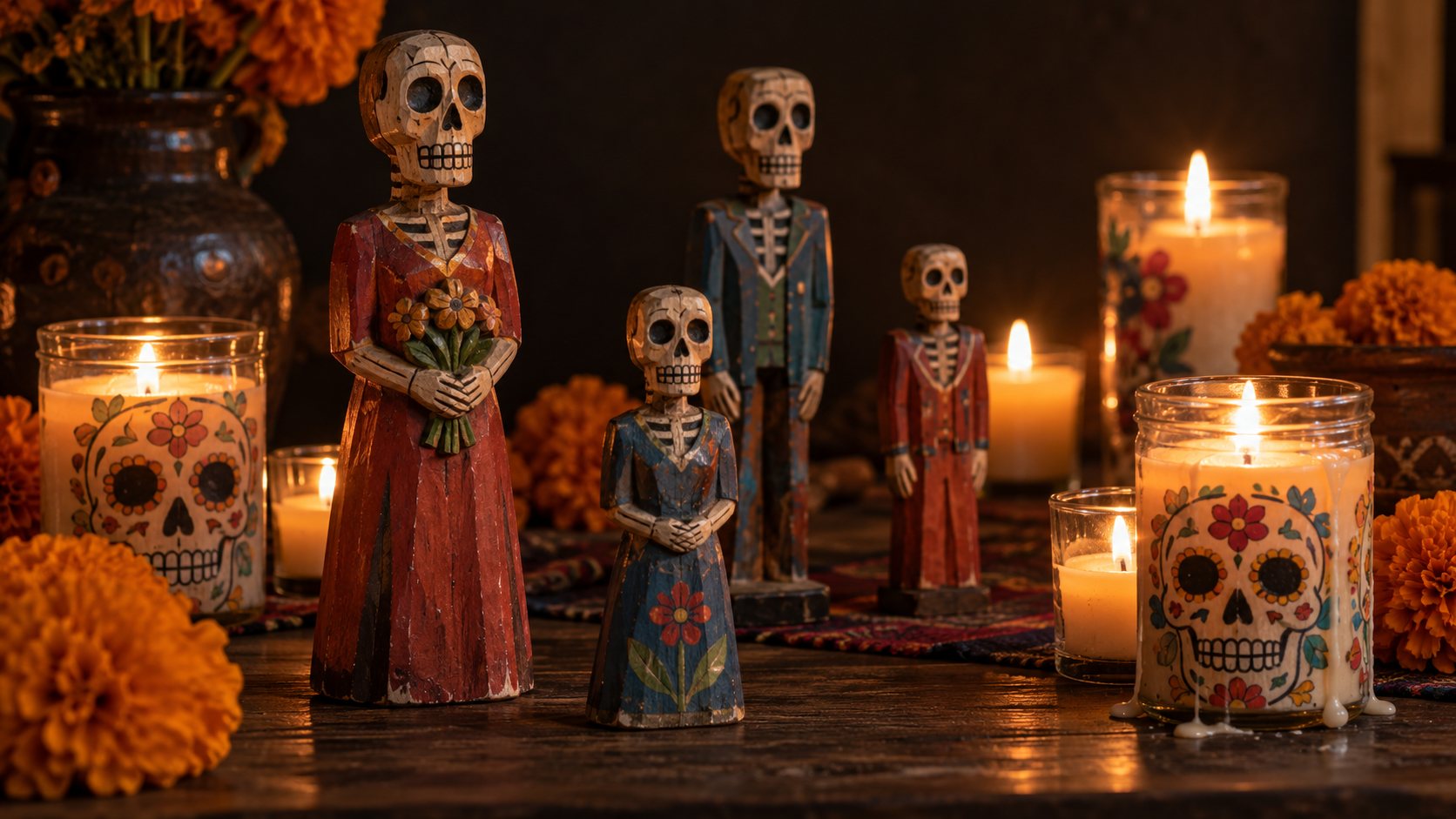 Illustration: Wooden table with carved and painted folk-art skeleton figures, calavera candles in glass jars, marigolds and burning candles