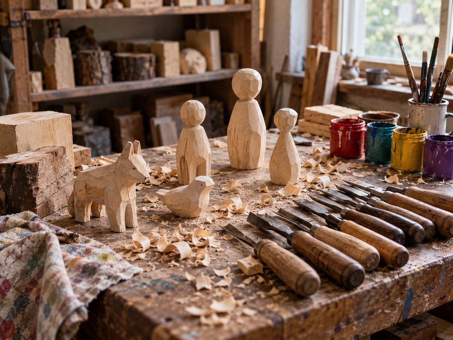 Illustration: Woodcarver's bench with unpainted figure blanks, small carved animals in progress, gouges, chisels, shavings and paint pots