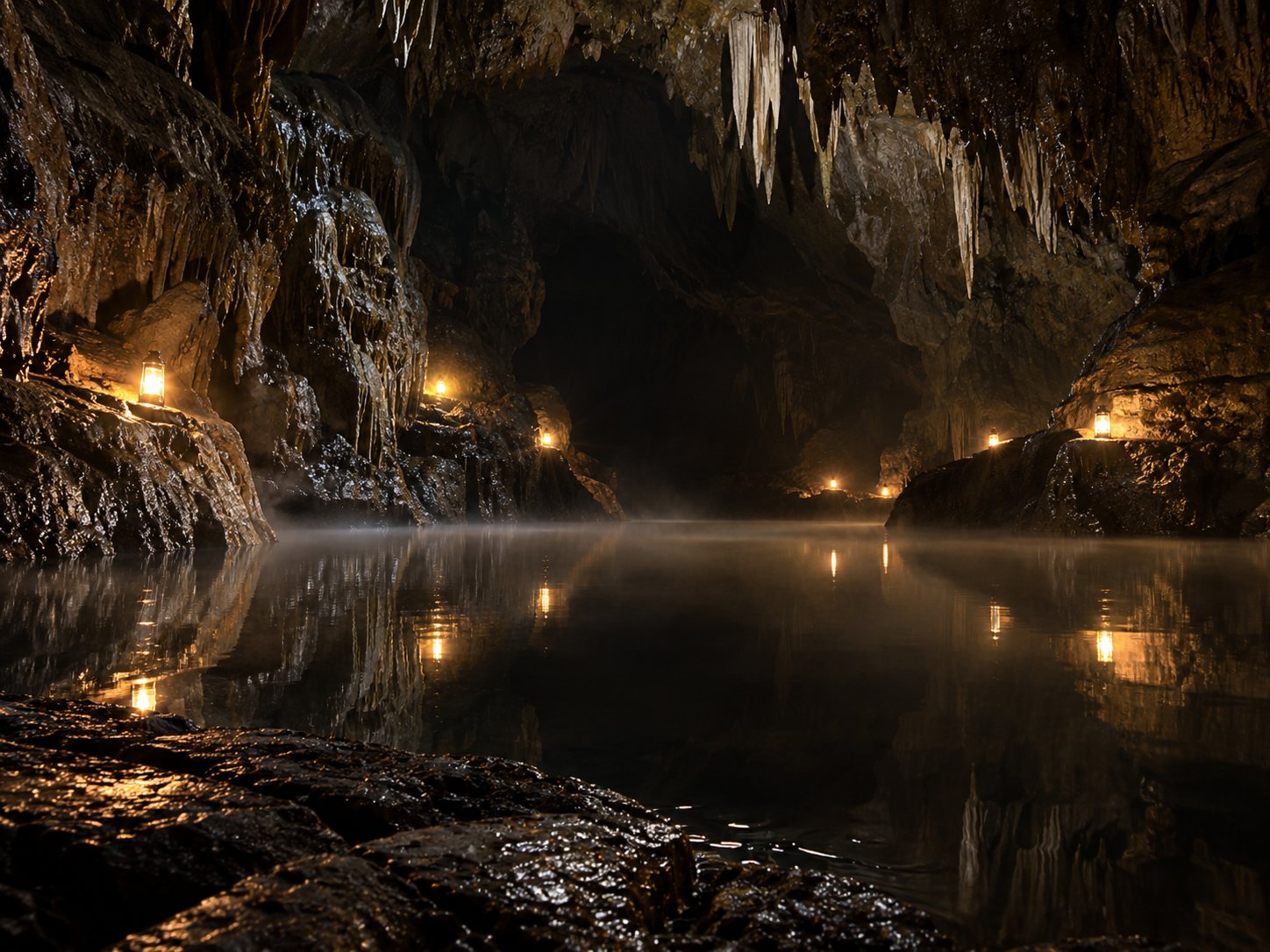 Illustration: Dark limestone cave with a still black pool reflecting a few small lanterns, hanging stalactites and drifting mist