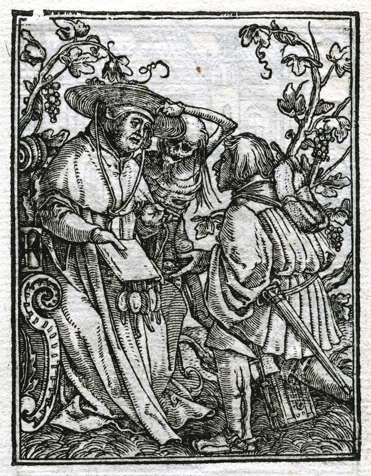 A woodcut of a cardinal in a wide hat holding a book while Death, a skeleton, lifts the hat from behind, as a man with a sword bows toward them among grapevines