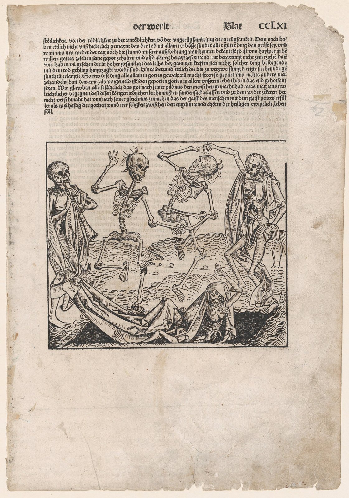 A worn printed page with a woodcut of skeletons dancing while one plays a pipe and a corpse rises from an open grave, under a block of German blackletter text