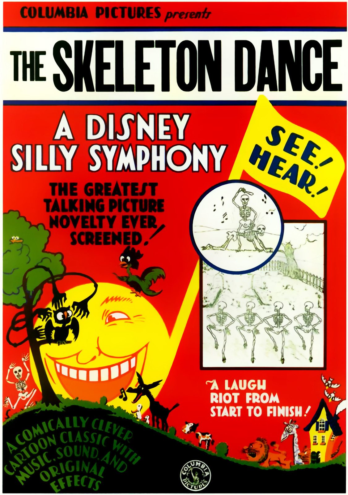 A red and yellow 1929 poster headed The Skeleton Dance, with a grinning moon, an owl in a tree, cartoon animals on a hill and a panel of four skeletons dancing in a graveyard