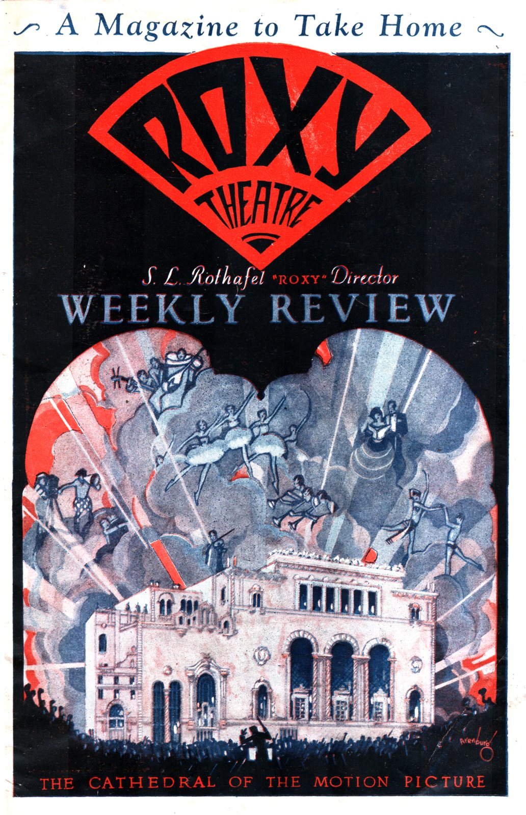 A 1928 magazine cover reading Roxy Theatre Weekly Review, with a drawing of the lit theater facade below clouds full of dancers and musicians