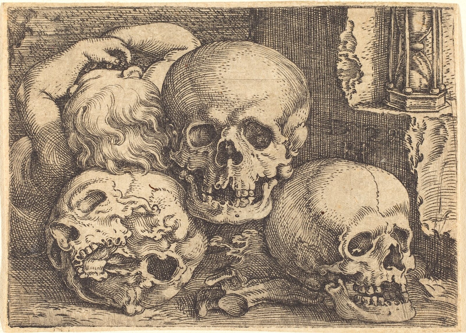 Engraving of a sleeping child resting its head and arm on a heap of three skulls, with an hourglass in a window at the upper right