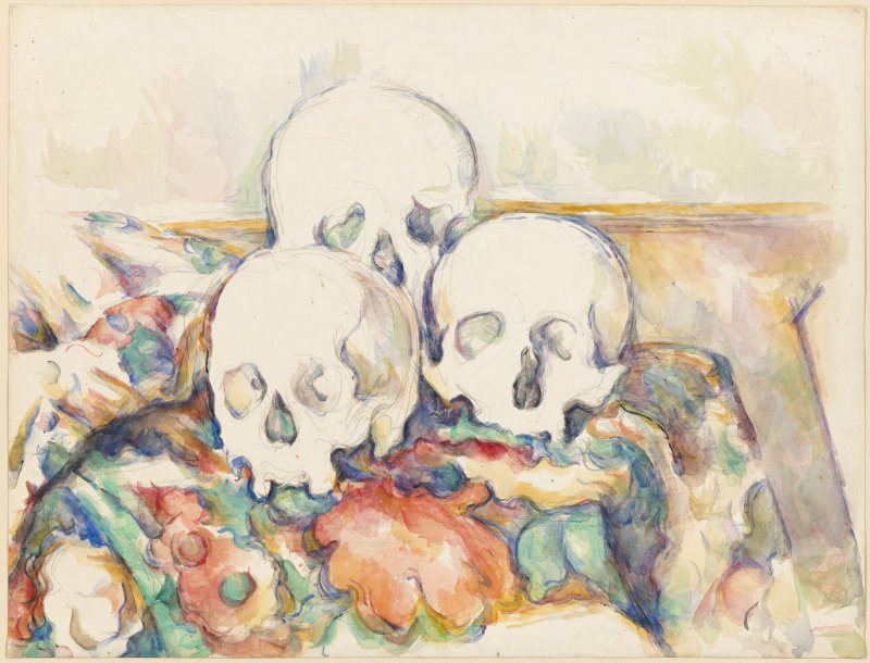 Cézanne watercolour of three skulls stacked in a loose pyramid, two in front and one behind, on a brightly patterned cloth