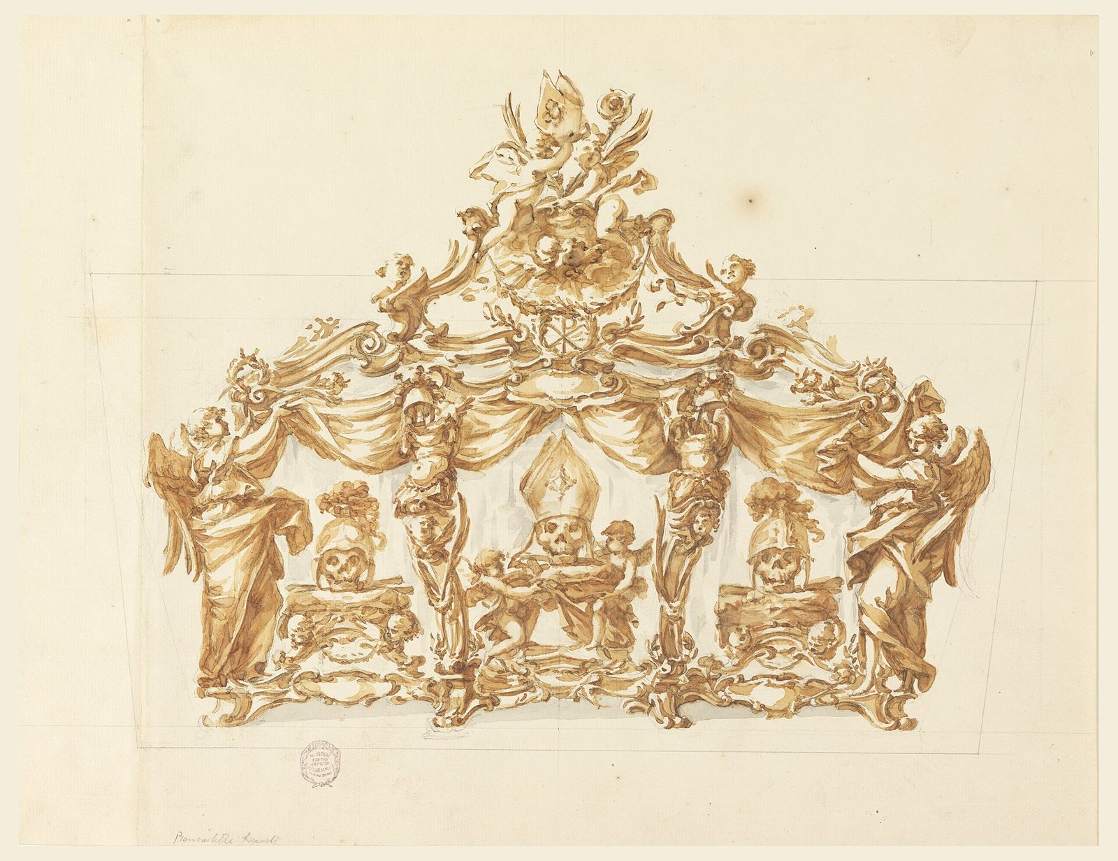 Pen and wash design for an ornate reliquary: three skulls on separate bases under a draped canopy, the centre one wearing a mitre and the two outer ones wearing helmets, with angels at each corner