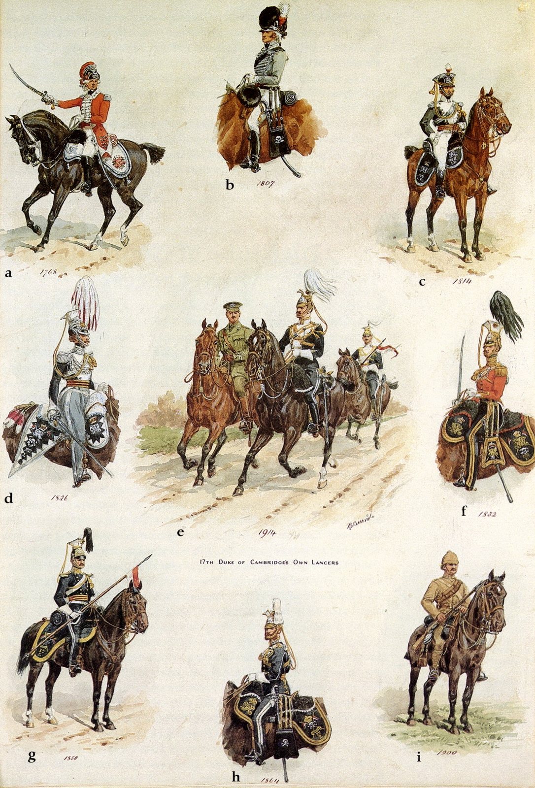 Watercolour sheet of nine cavalrymen in uniforms dated 1768 to 1914, from red coats and crested helmets to lancer caps and khaki, several with small skull and crossbones badges on helmets, sabretaches and saddle cloths