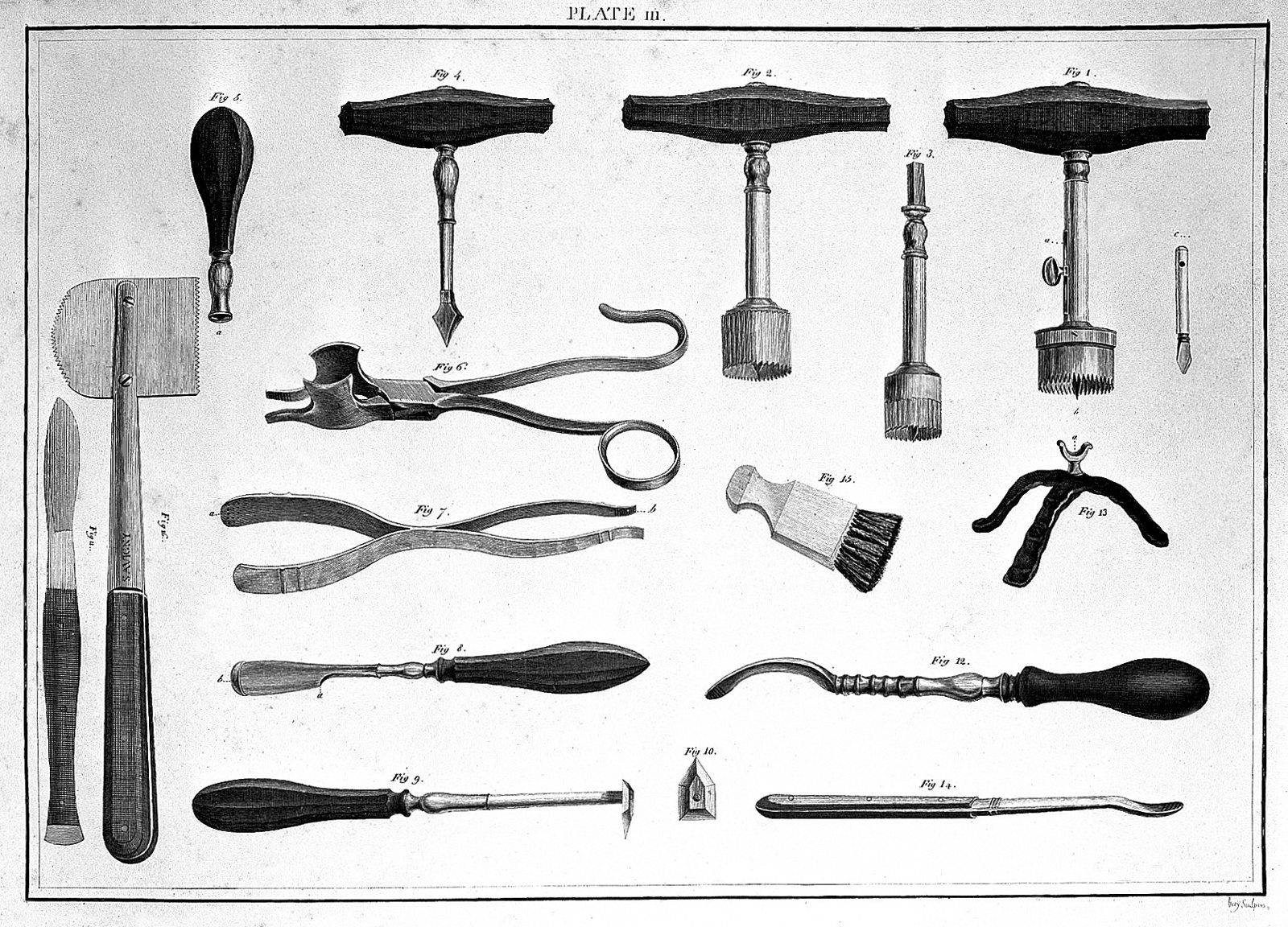 An engraved plate of trepanning instruments: T-handled trephines with toothed crown saws, a perforator, a small saw, forceps, an elevator on a tripod, a brush and scrapers, each numbered