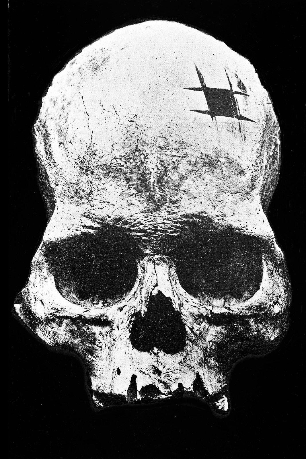 Black and white front view of a skull with a square opening in the forehead, framed by four straight cut lines that cross at the corners like a hash sign