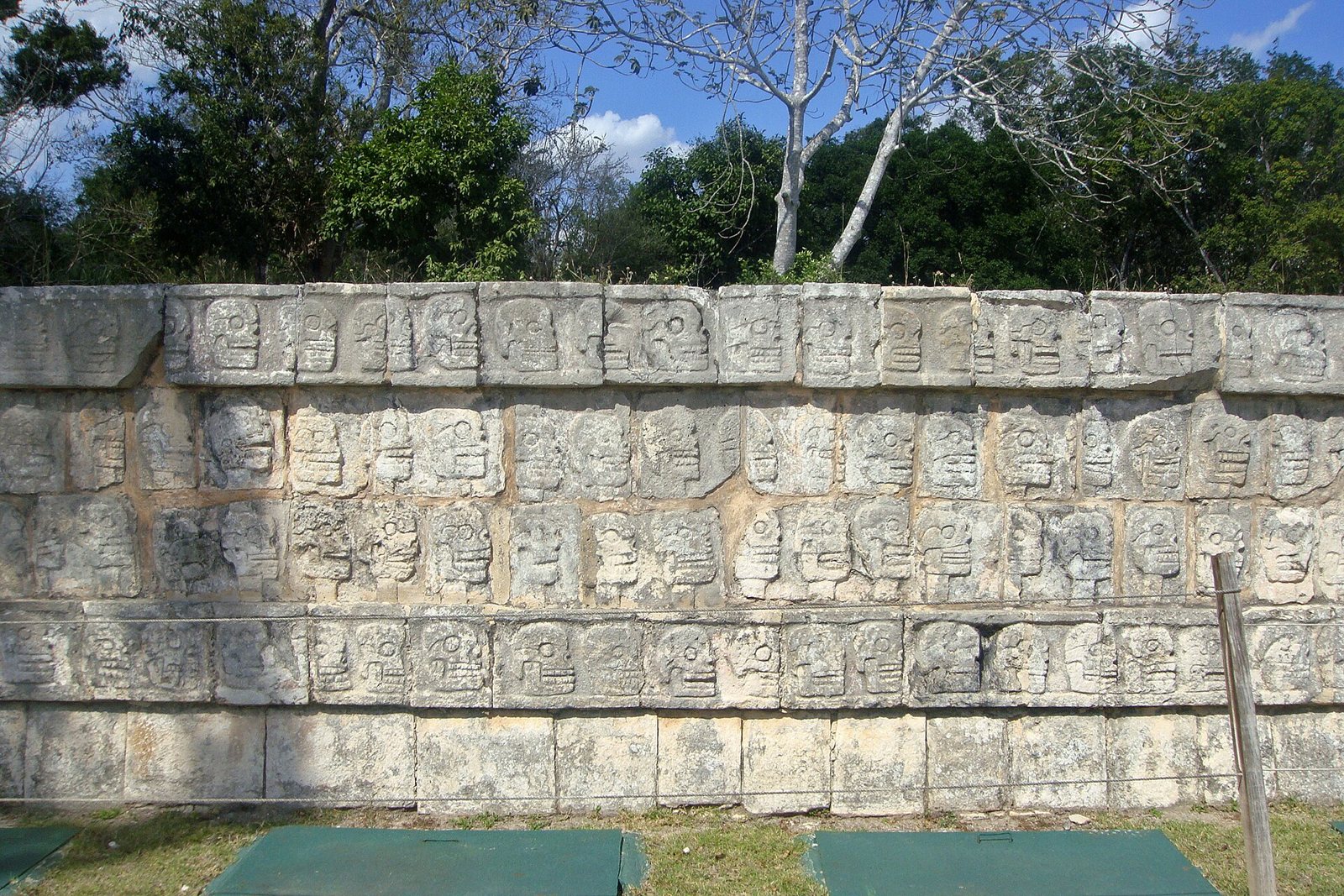 A long stone wall carved with rows of skulls in relief, with trees and sky behind it