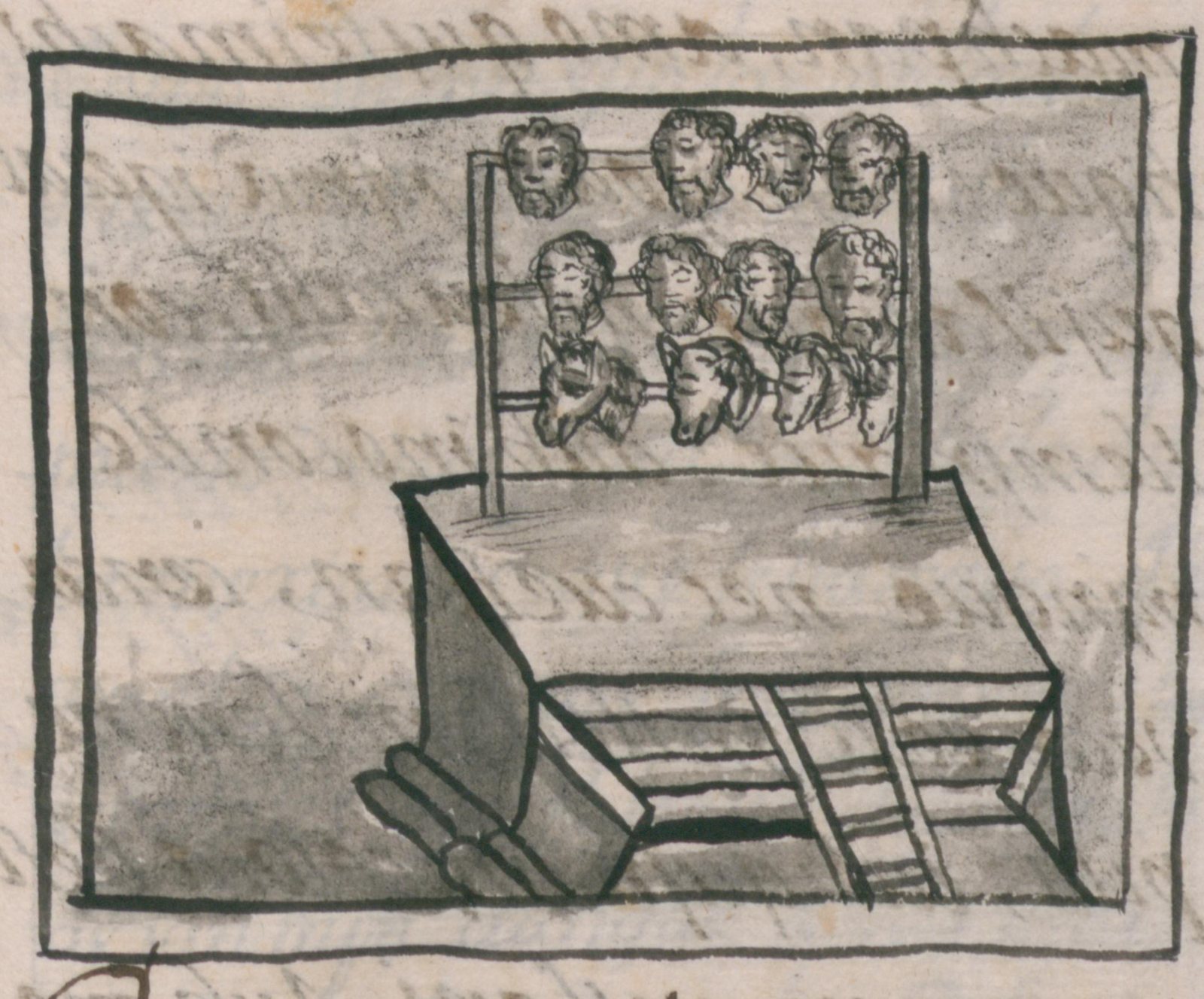Pen and wash drawing of a wooden rack on a stepped platform, hung with rows of heads, men's heads above and animal heads below