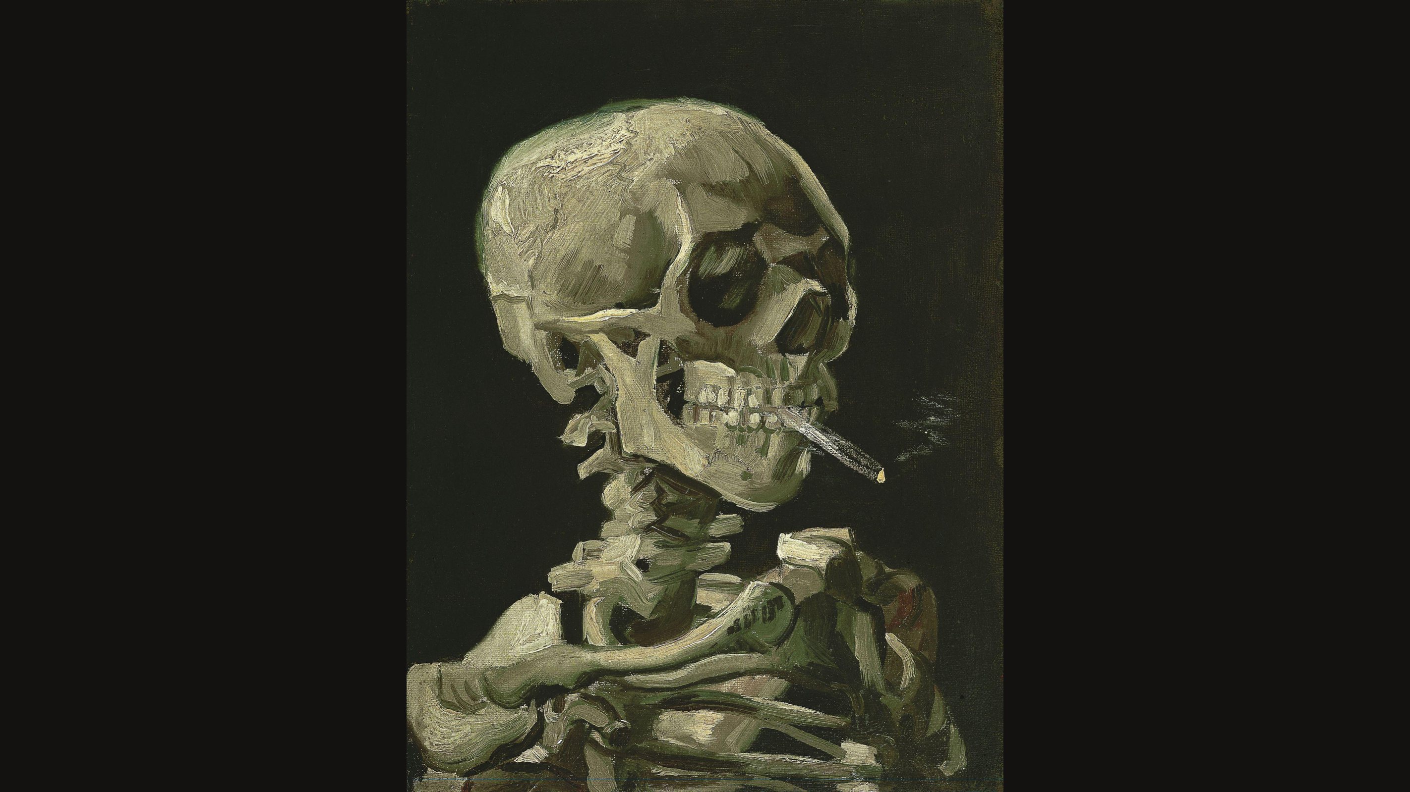 Painting of a skeleton's skull and upper ribs against a dark ground, with a lit cigarette held between the teeth