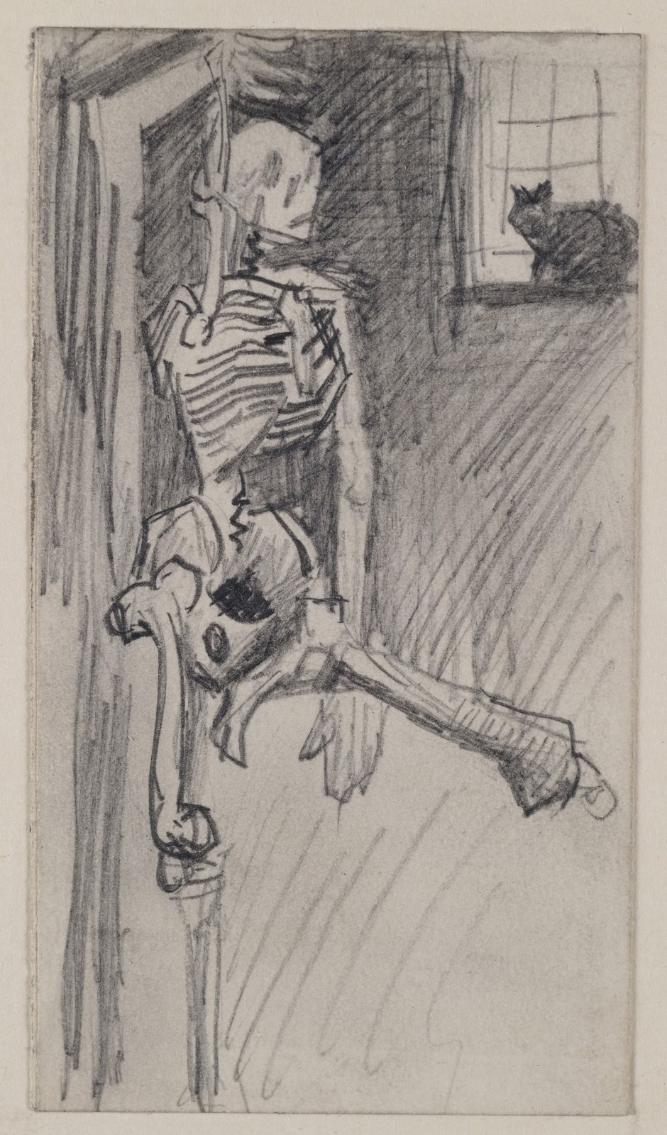 Pencil drawing of a skeleton hanging from a hook beside a doorway, with a cat sitting on a windowsill at upper right