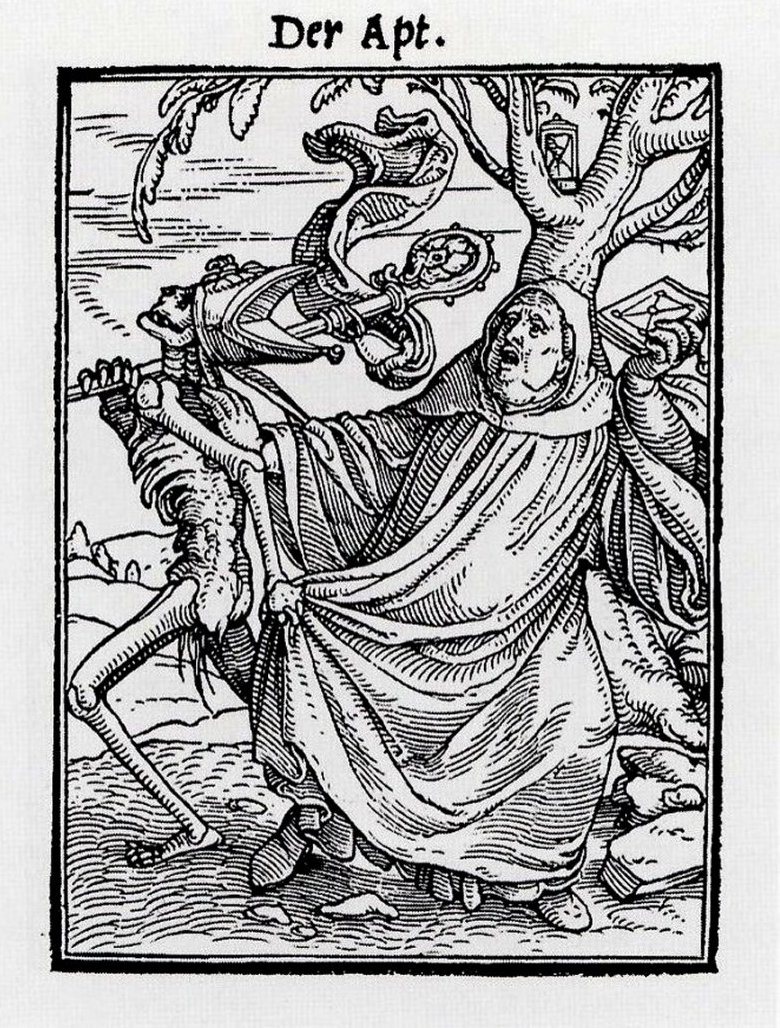 Black-and-white woodcut of Death, a skeleton, seizing an abbot by his robe beside a tree, with the German title Der Apt above