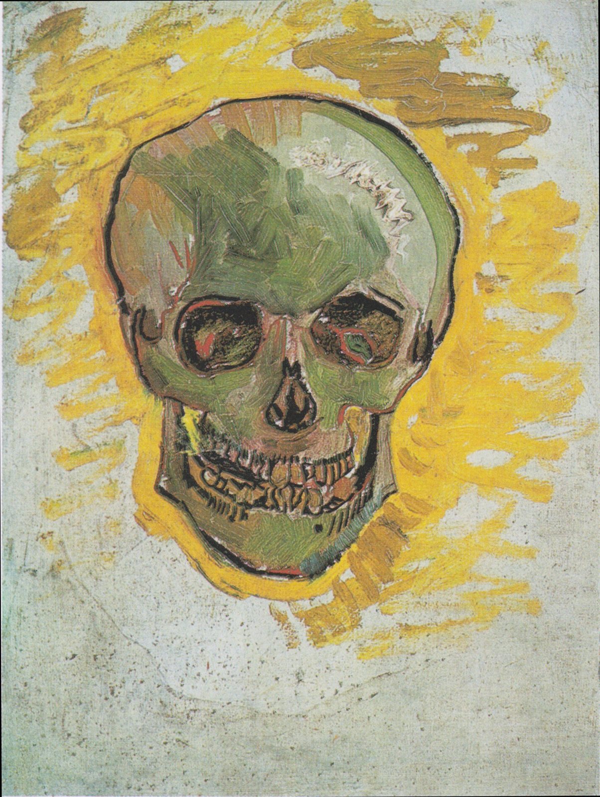 Painting of a green-toned skull with a ring of yellow brushstrokes around it on a pale ground