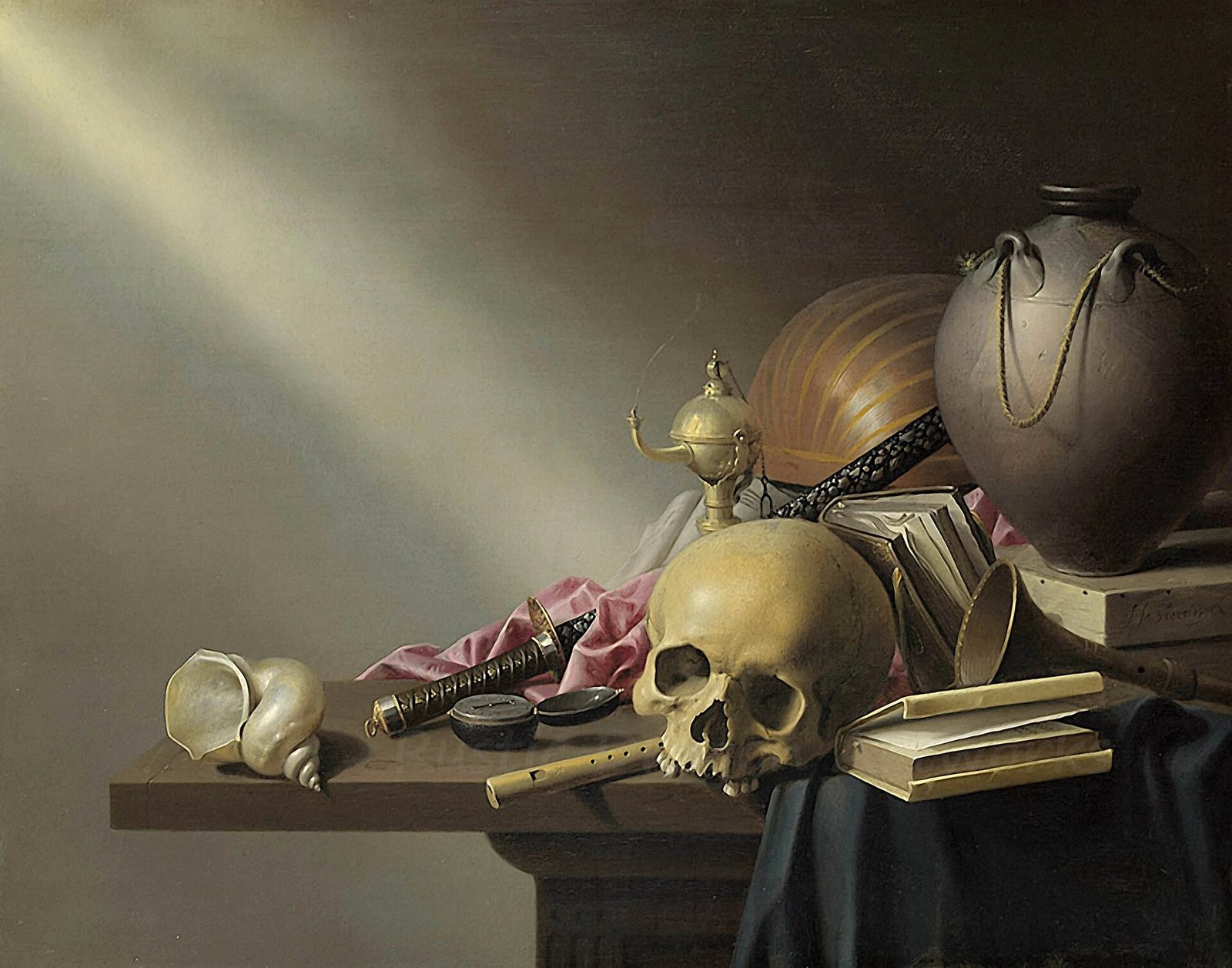 Bodegón de Harmen Steenwyck: una calavera en el centro de una mesa con libros, una flauta, un reloj de bolsillo, una concha pálida, una espada japonesa, una lámpara de latón humeante y una gran tinaja, bajo un haz de luz en diagonal