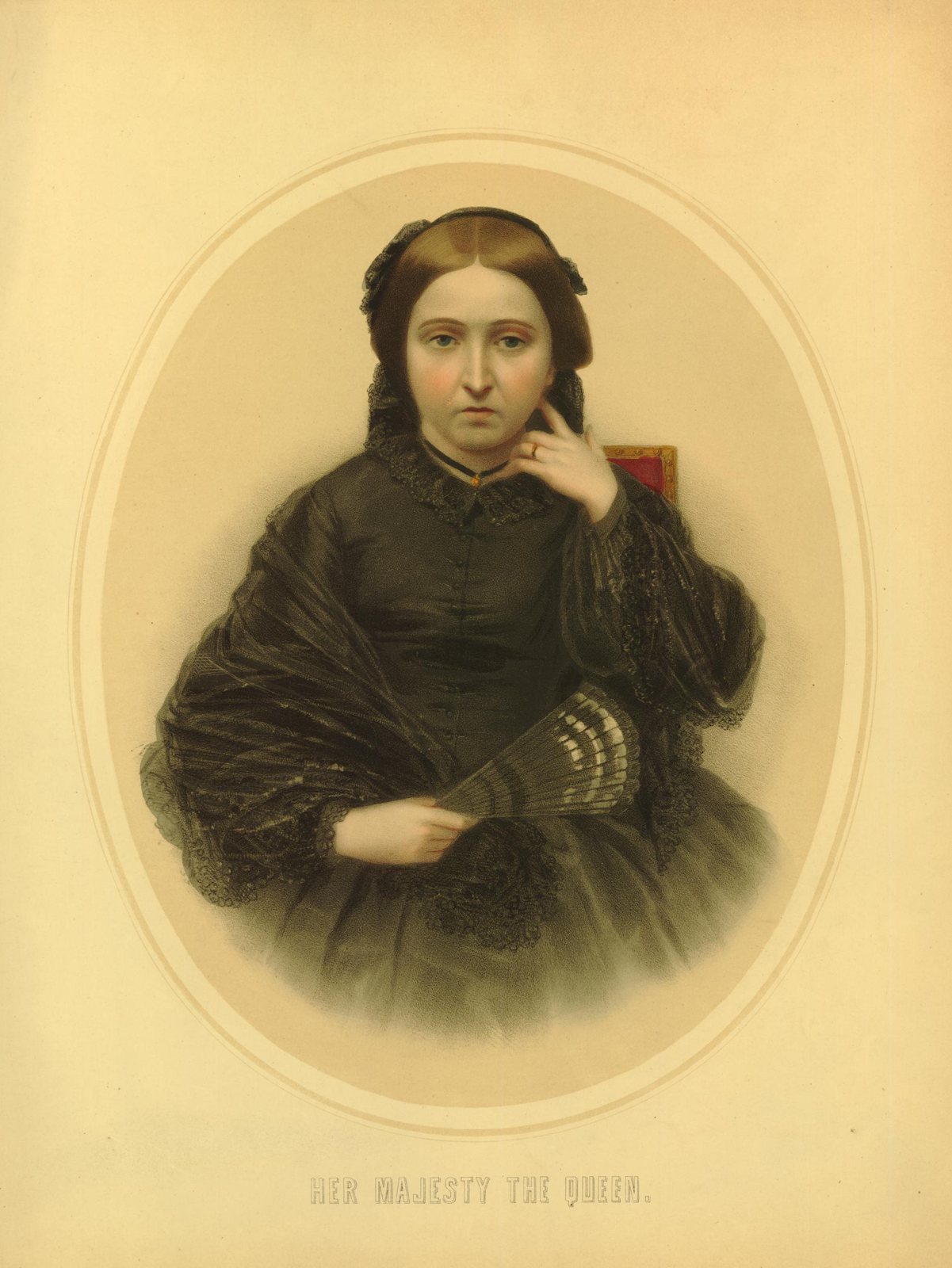 Oval colour lithograph of Queen Victoria seated in a dark dress, her hand to her hair and a fan in the other hand