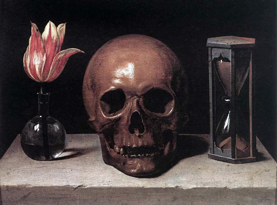 Philippe de Champaigne's still life on a stone ledge: a red-and-white striped tulip in a glass vase, a bare skull in the middle and an hourglass on the right, against black