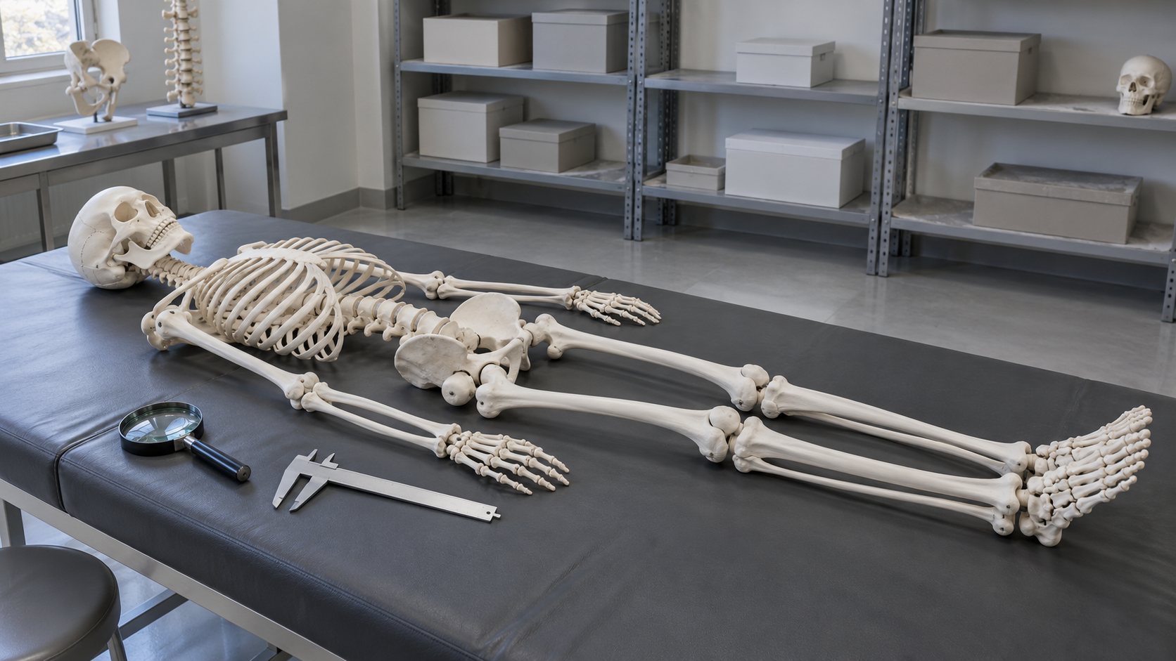 Illustration: Quiet osteology laboratory with a pale plastic teaching replica skeleton laid out on a padded table beside sliding calipers and a magnifier