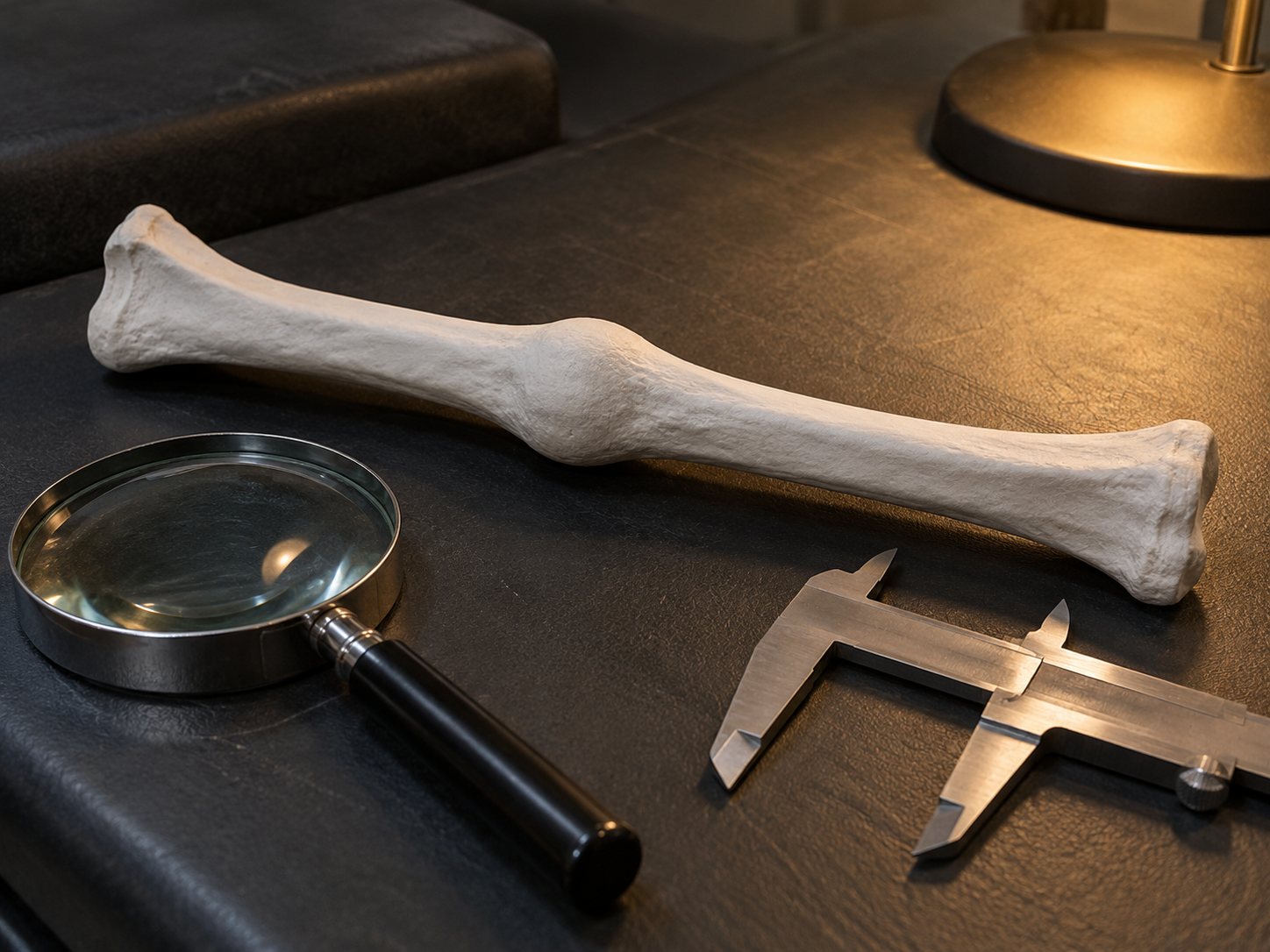 Illustration: Plaster cast of a forearm bone with a smooth healed bulge where a break mended, lying on a padded table beside a magnifier and sliding calipers