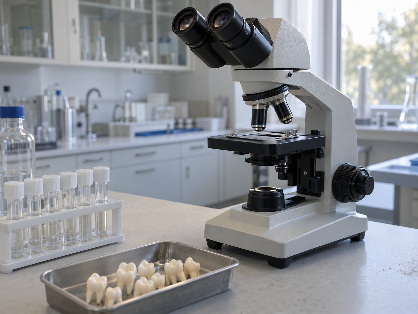 Illustration: Compound microscope on a clean laboratory bench beside a small rack of sealed blank sample tubes and a tray of plastic replica molar teeth