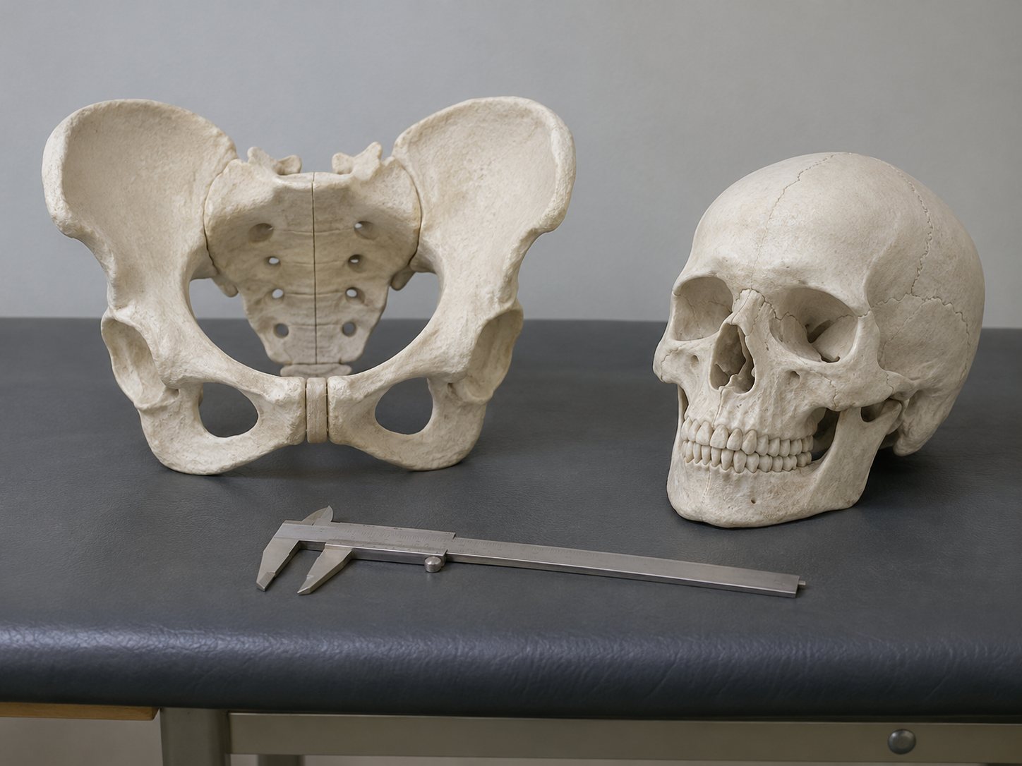 Illustration: Pale resin cast replica pelvis and cast replica skull set side by side on a padded study table with sliding calipers between them