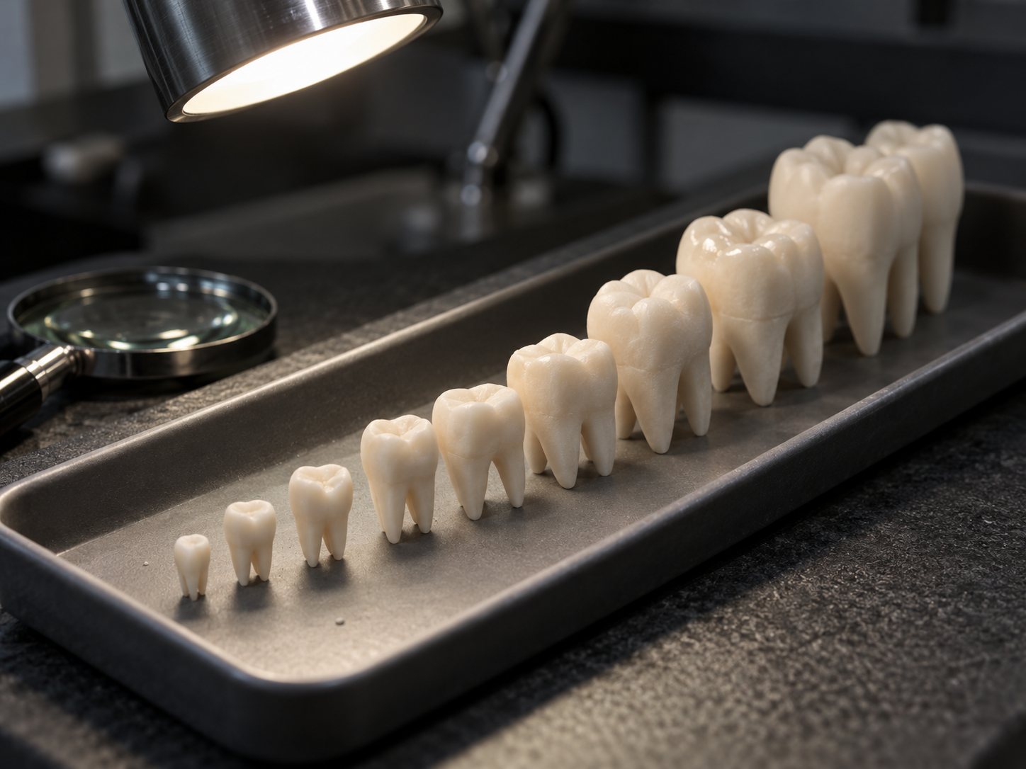 Illustration: Tray of plastic replica teeth arranged by size from small child teeth to large adult molars under a bright desk lamp beside a magnifier