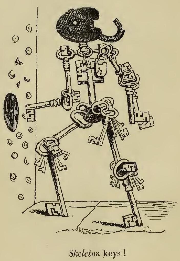A comic engraving of a walking skeleton built entirely from old keys with a padlock for a head, one hand reaching for a keyhole in a wall, captioned Skeleton keys!
