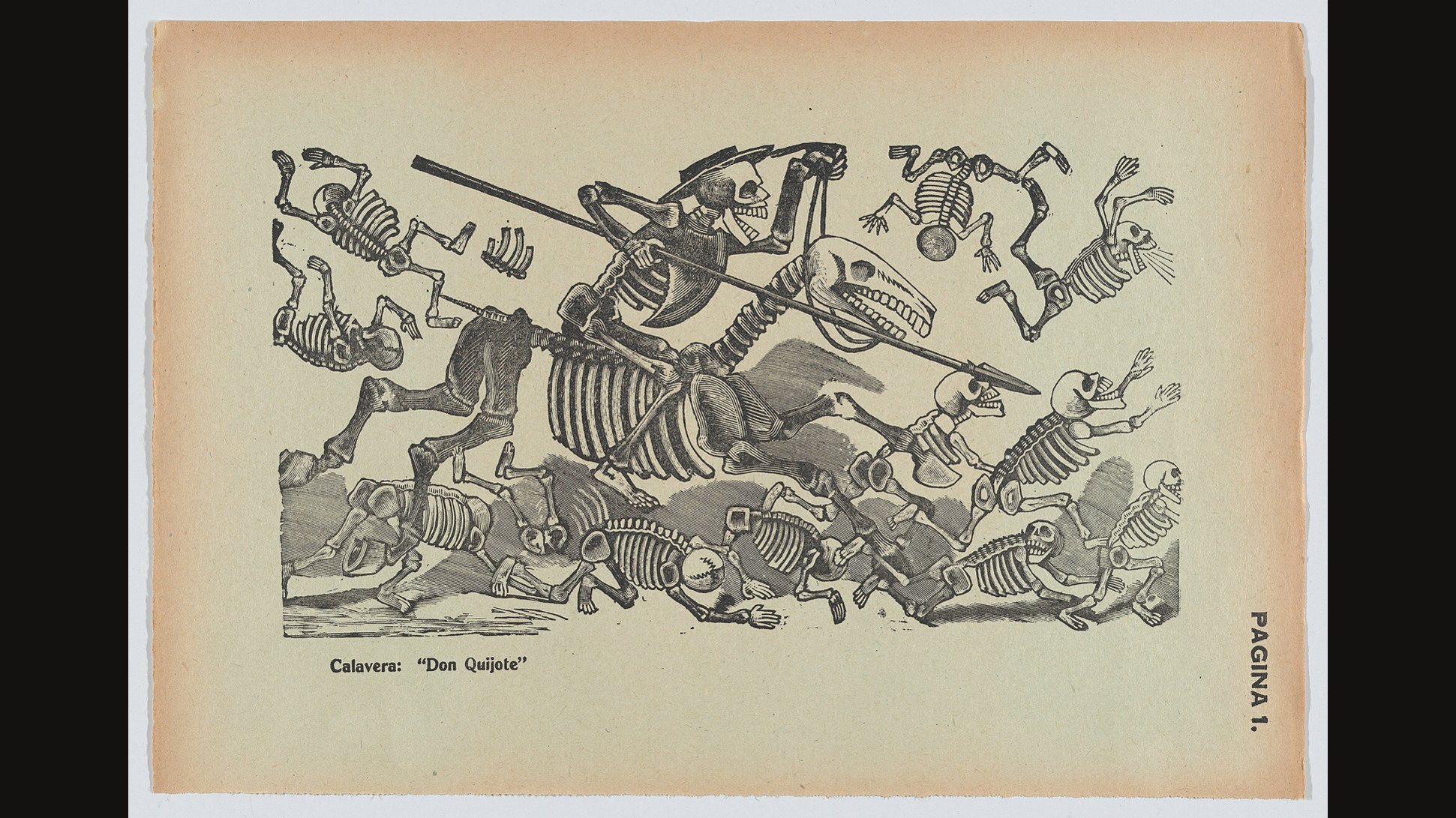 A José Guadalupe Posada print of skeletons: a skeleton Don Quijote on a skeletal horse charges with a lance past other skeletons tumbling and fleeing across the ground