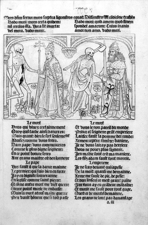 A page of Guy Marchant's printed Danse macabre: two skeletons alternate with a pope and an emperor under an arched border, above two columns of French verse