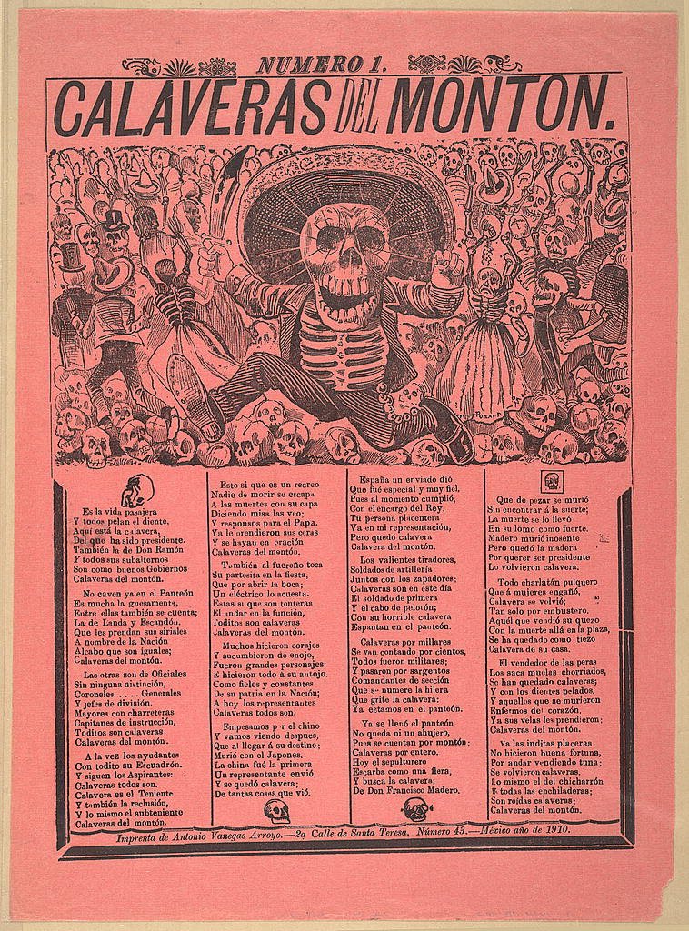 A pink broadside titled Calaveras del montón, número 1: a large skeleton in a wide sombrero dances at the center of a crowd of skulls and skeletons, with columns of printed verse below