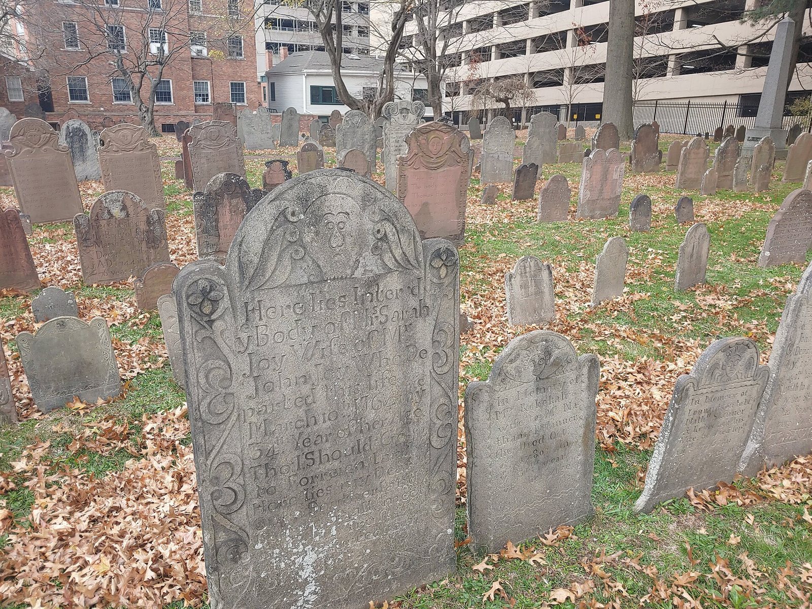 Rows of weathered gravestones among fallen leaves in Hartford's Ancient Burying Ground, with city buildings behind